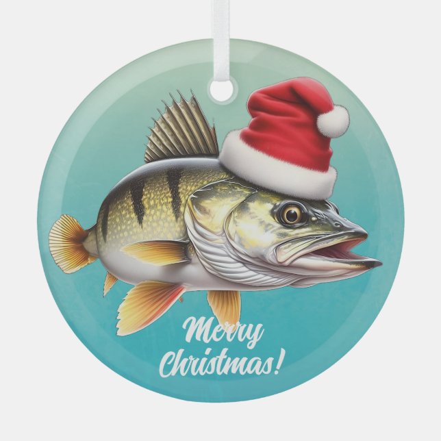 Freshwater Perch in Santa Hat Christmas Glass Ornament (Front)