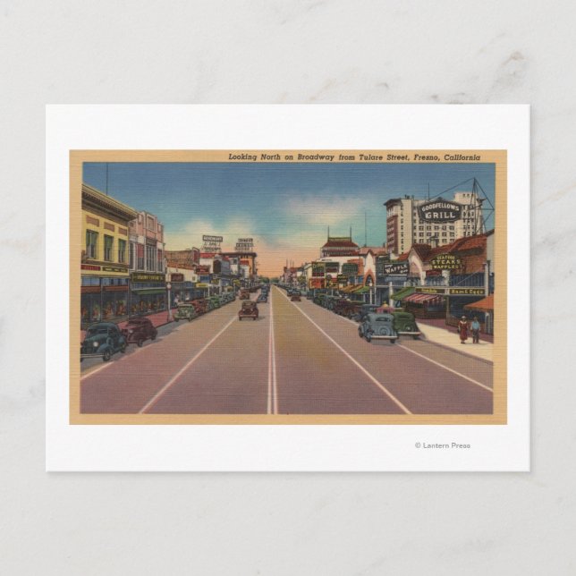 Fresno, CA View - North on Broadway Postcard (Front)