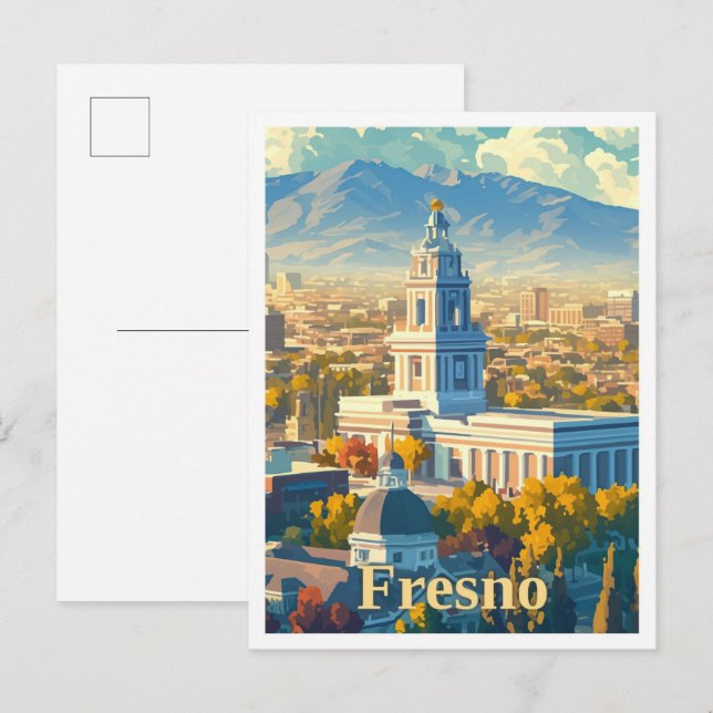 Fresno California Art Vintage Travel Illustration Postcard (Front/Back)