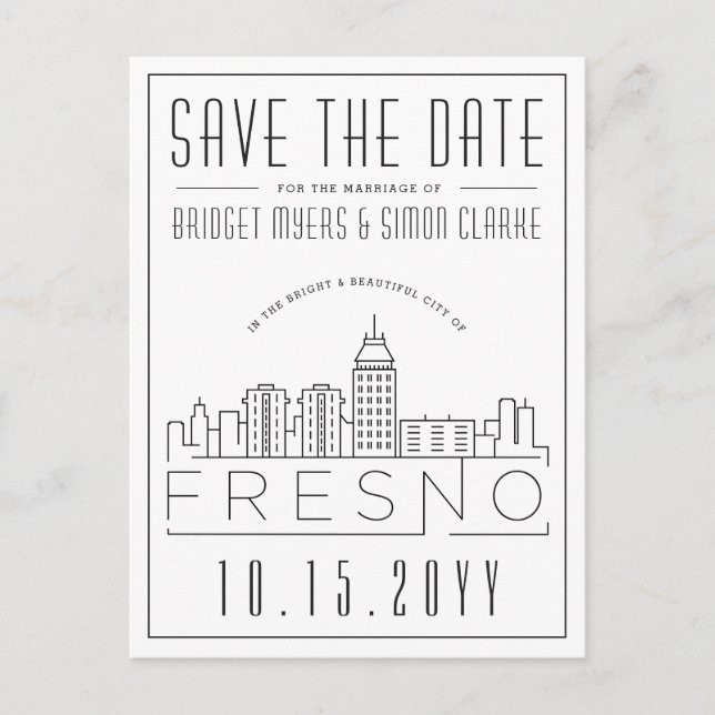Fresno Wedding | Stylized Skyline Save the Date Postcard (Front)