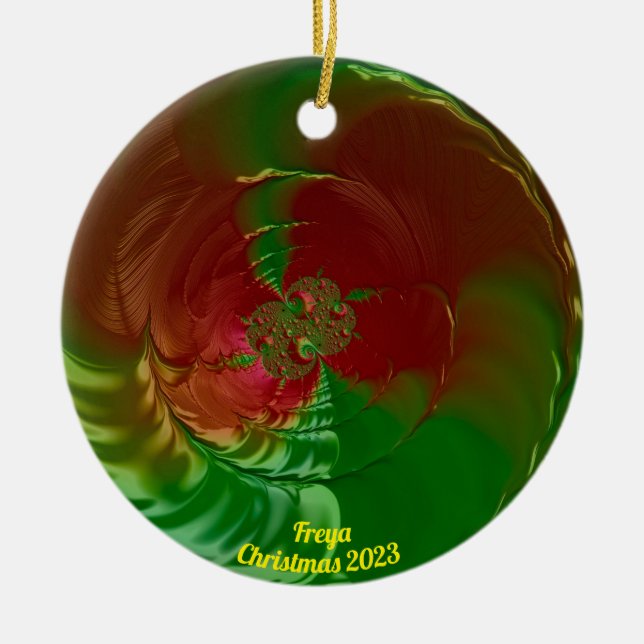 FREYA ~ Glossy Red and Green Christmas 2023 Ceramic Ornament (Front)