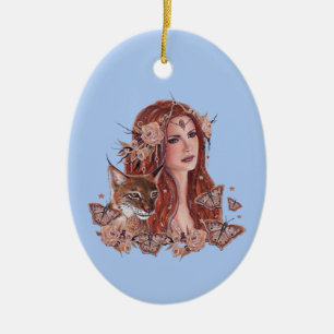 Freya goddess with lynx by Renee Lavoie Ceramic Ornament