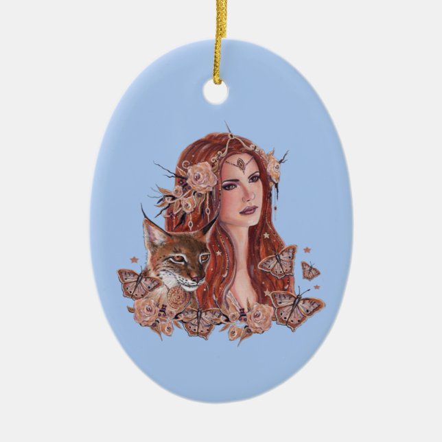 Freya goddess with lynx by Renee Lavoie Ceramic Ornament (Front)