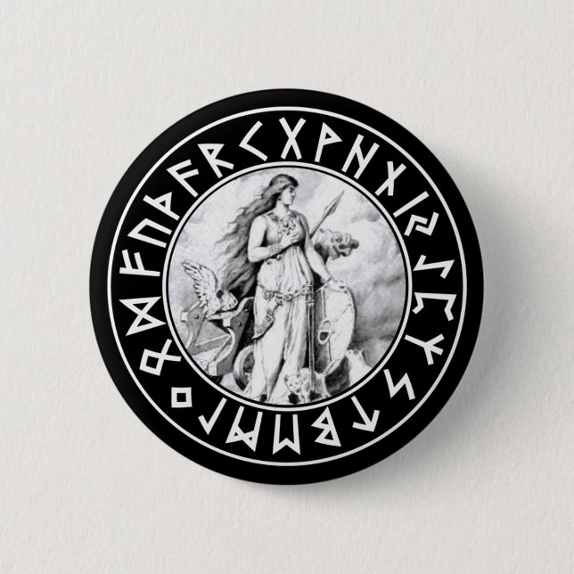 Freya Rune Shield on Blk 2 Inch Round Button (Front)