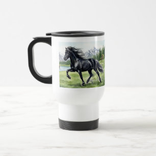 Freydis Black Horse in Nordic Landscape Travel Mug