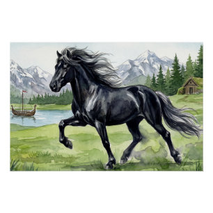 Freydis Black  Icelandic Horse in Nordic Landscape Poster