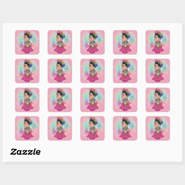 Frida cartoon with Monkey Square Sticker (Sheet)