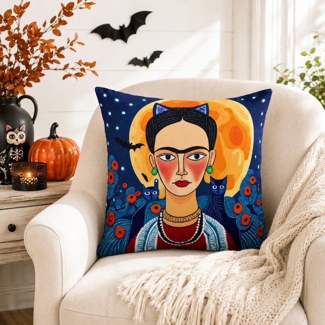 Frida Inspired Folk Art Black Cat Full Moon Boho  Throw Pillow (Creator Uploaded)