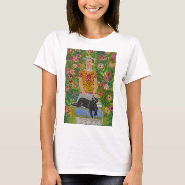 Frida Kahlo and her Black Cat among Roses T-Shirt (Front)