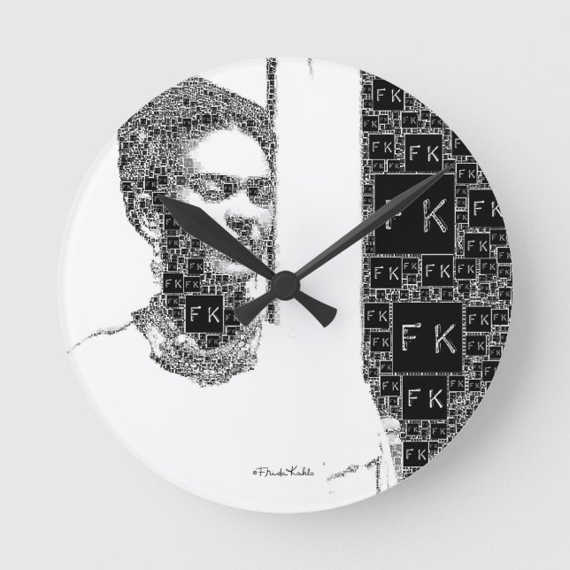 Frida Kahlo Black and White Portrait Round Clock (Front)