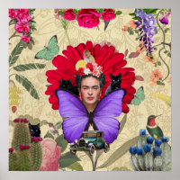 Frida Kahlo Cat Monkey Colourful Floral Collage 