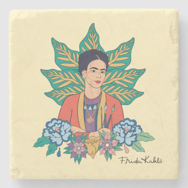 Frida Kahlo Colourful Floral Graphic Stone Coaster (Front)