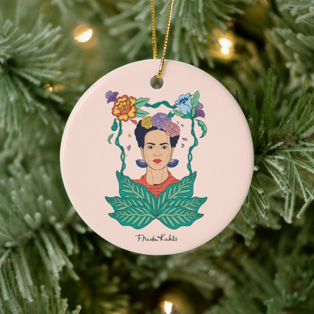 Frida Kahlo Floral Frame Graphic Ceramic Ornament (Tree)