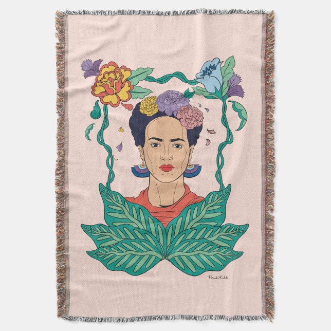 Frida Kahlo Floral Frame Graphic Throw Blanket (Front Vertical)