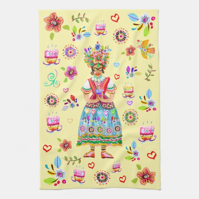 Frida Kahlo Flower Folk Art Inspiration Kitchen Towel (Vertical)
