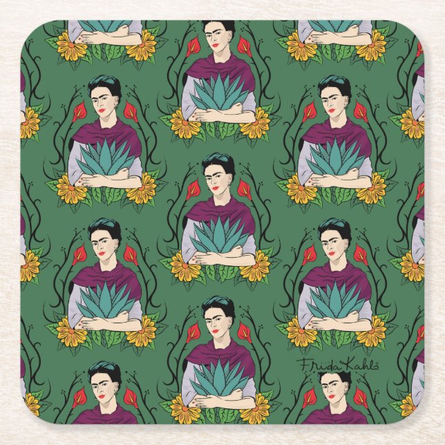 Frida Kahlo | Mi Mexico Lindo Pattern Square Paper Coaster (Front)