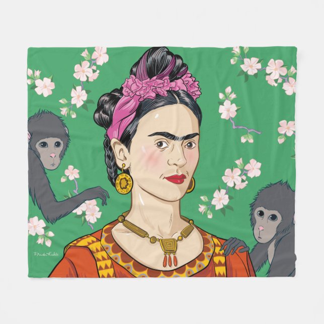 Frida Kahlo Monkey Graphic Fleece Blanket (Front (Horizontal))