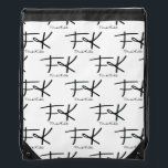 Frida Kahlo Monogram "FK" Signature Pattern Drawstring Bag<br><div class="desc">This drawstring backpack features a sophisticated repeating pattern based on Frida Kahlo's iconic initials and signature. The stylized "FK" monogram is prominently displayed in bold black, with her authentic full signature elegantly placed beneath each initial. The minimalist design stands out beautifully against a clean white background, creating a chic and...</div>
