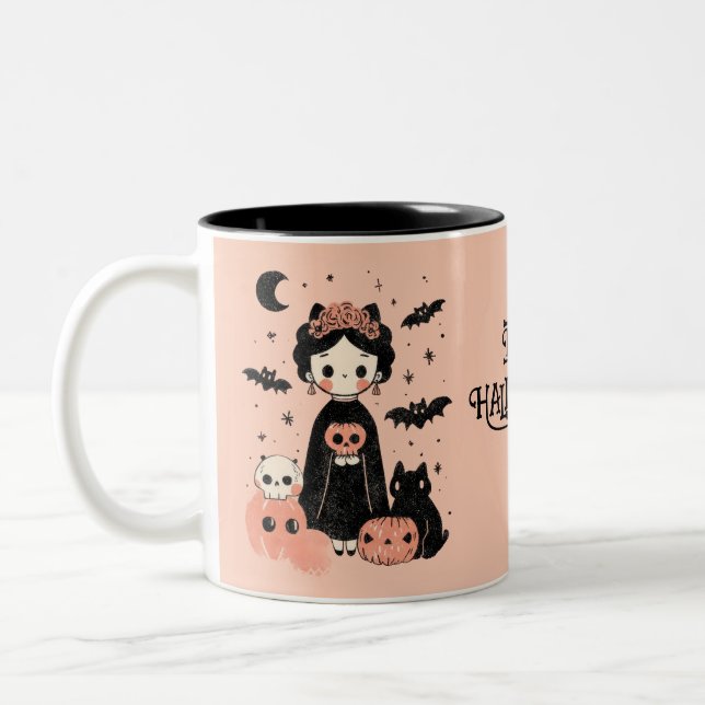 Frida Kahlo Pink Pasteloween Happy Halloween  Two-Tone Coffee Mug (Left)