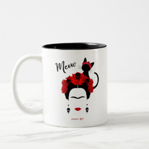  Frida Kahlo portrait and cute meow Mexican Cat  Two-Tone Coffee Mug