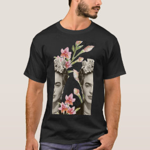 Frida Kahlo print, flowers, color, black and white T-Shirt
