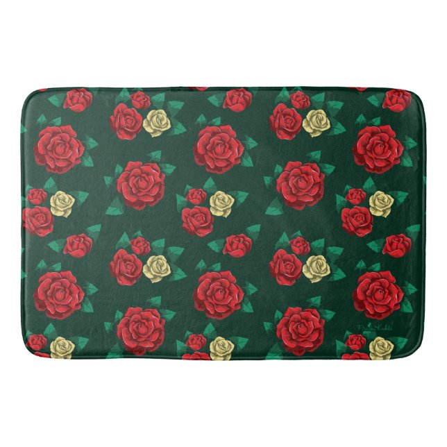 Frida Kahlo | Red and Gold Rose Pattern Bath Mat (Front)