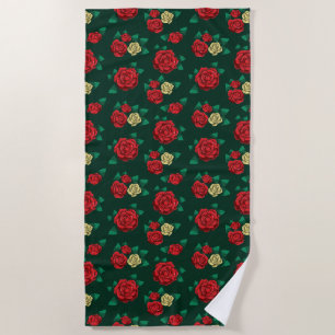 Frida Kahlo   Red and Gold Rose Pattern Beach Towel