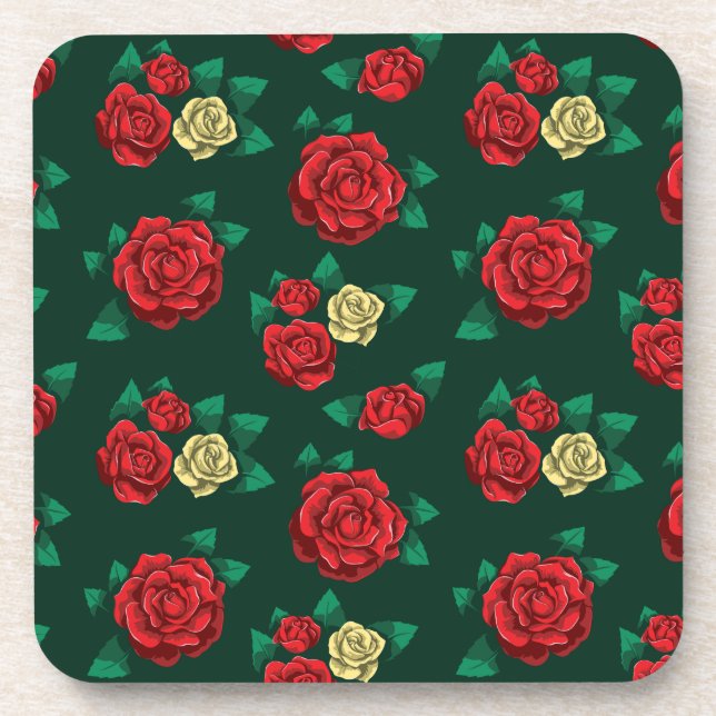 Frida Kahlo | Red and Gold Rose Pattern Coaster (Front)