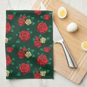 Frida Kahlo   Red and Gold Rose Pattern Kitchen Towel