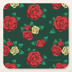 Frida Kahlo Red and Gold Rose Pattern Square Paper Coaster