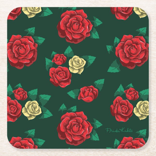 Frida Kahlo | Red and Gold Rose Pattern Square Paper Coaster (Front)