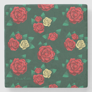 Frida Kahlo   Red and Gold Rose Pattern Stone Coaster