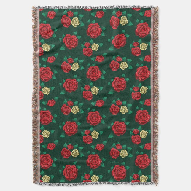 Frida Kahlo | Red and Gold Rose Pattern Throw Blanket (Front Vertical)