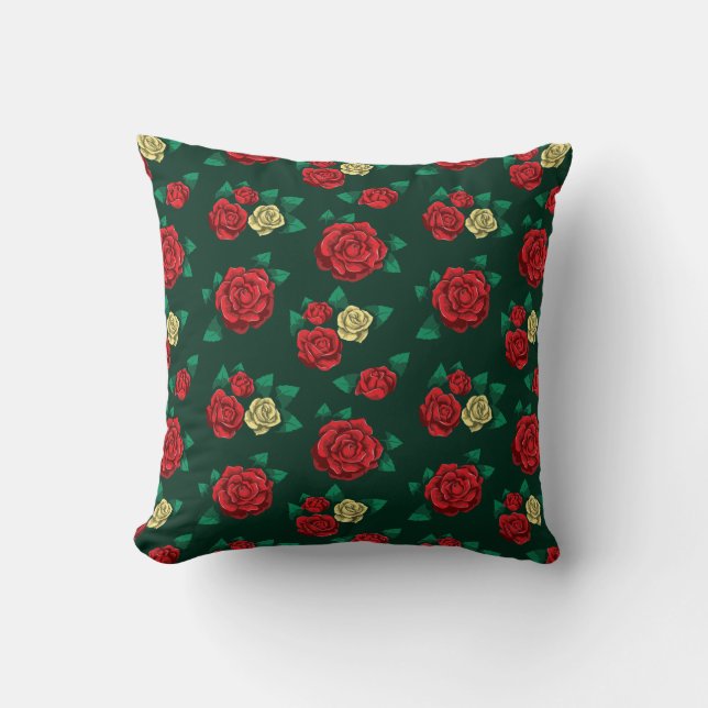 Frida Kahlo | Red and Gold Rose Pattern Throw Pillow (Front)