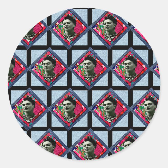Frida Kahlo Retro Pink Denim Classic Round Sticker (Front)