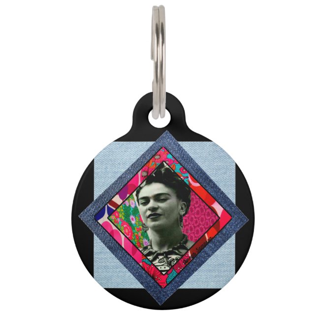 Frida Kahlo Retro Pink Denim Pet Tag (Front)