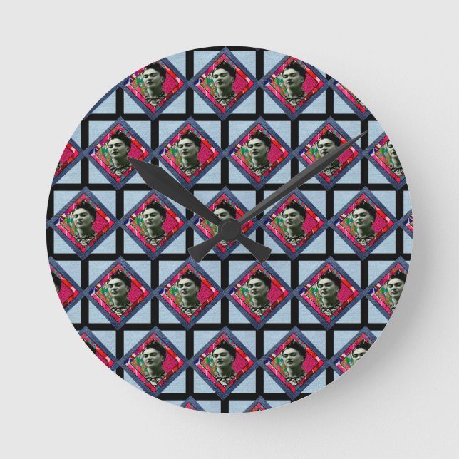 Frida Kahlo Retro Pink Denim Round Clock (Front)