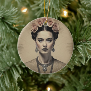 Frida Kahlo's Charm: Vintage Double Exposure Ceramic Ornament