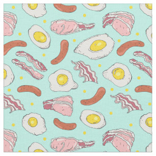 Fried Breakfast Eggs Bacon and Sausages Blue Fabric