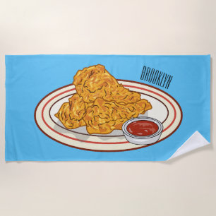 Fried chicken cartoon illustration beach towel