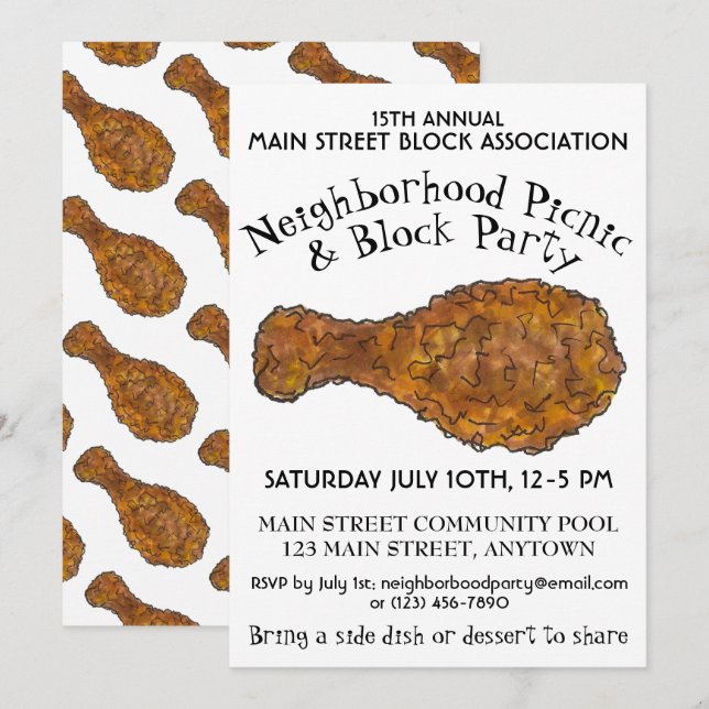 Fried Chicken Leg Picnic Cookout Block Party Invitation (Front/Back)