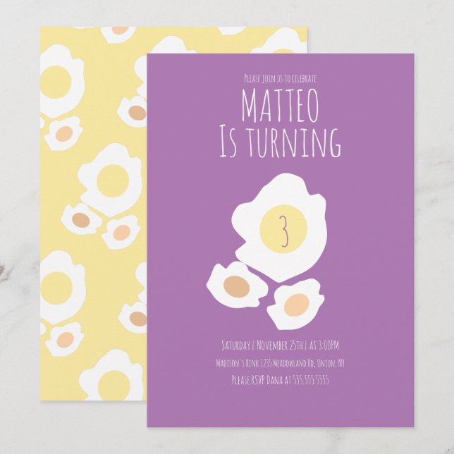 Fried Egg Turning Three Birthday Invitation (Front/Back)