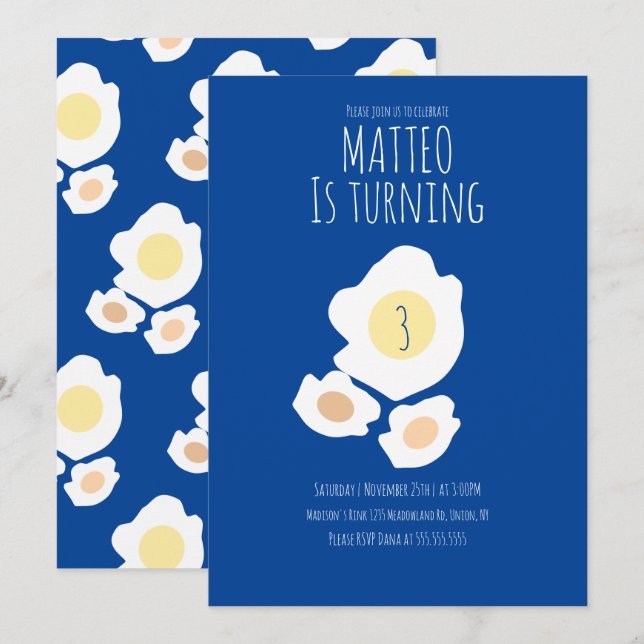 Fried Egg Turning Three Birthday Invitation (Front/Back)