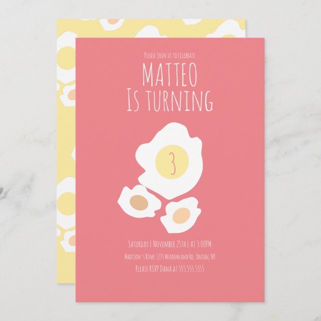 Fried Egg Turning Three Birthday Invitation (Front/Back)