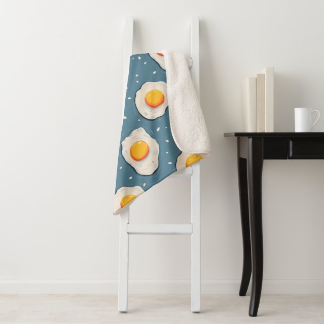 Fried Eggs on Blue Pattern Sherpa Blanket (In Situ)