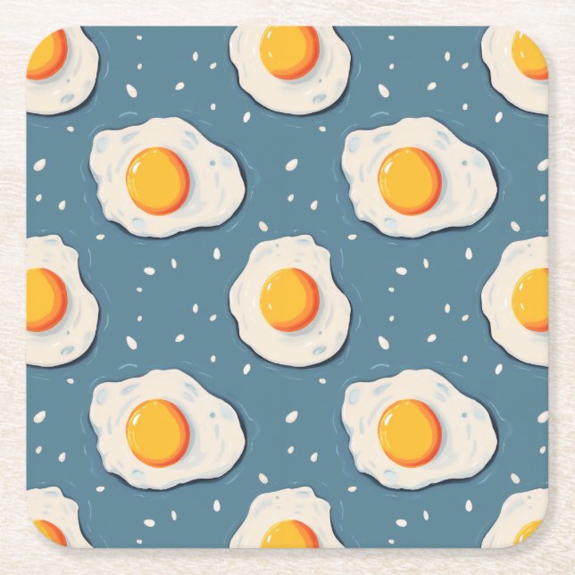 Fried Eggs on Blue Square Paper Coaster (Front)
