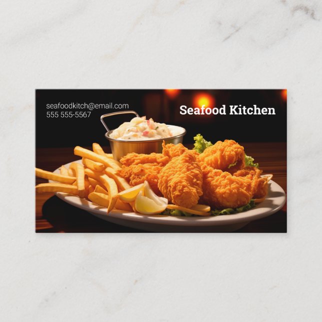 Fried fish dinner with fries and chowder business card (Front)