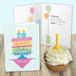 Friend 70th Birthday Cake Number Candles  Card<br><div class="desc">A birthday card for your 70 year old Friend. "Happy Birthday" is on each layer of the cake with pink decorative icing separating them. A subtle background of yellow and blue anchors the design. Bright colours and a bold graphic styling give this birthday wish a festive feel. You can also...</div>