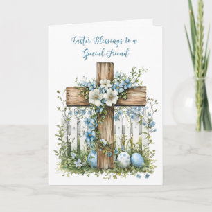 Friend Easter Blessings Cross White Fence Flowers Card
