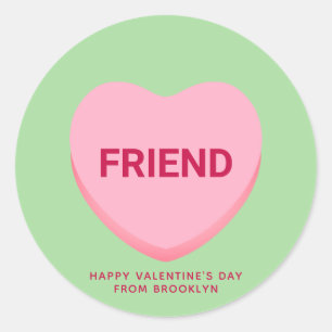 Friend green pink conversation heart Valentine's Classic Round Sticker